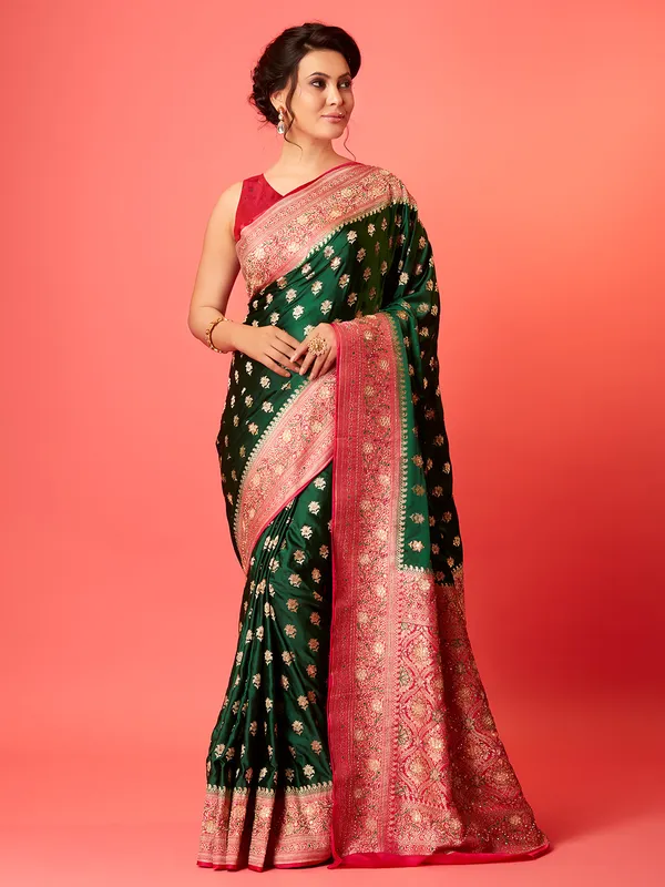 Elegant dark green silk zari saree