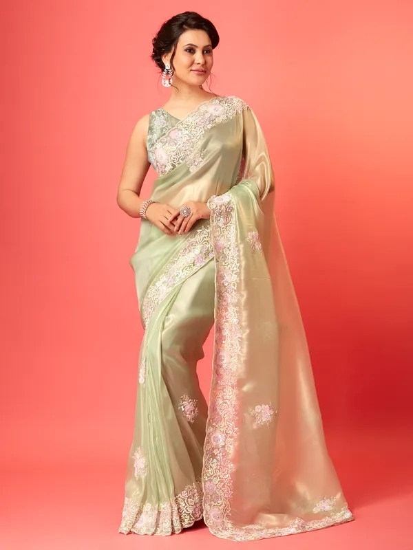 Elegant light green organza saree