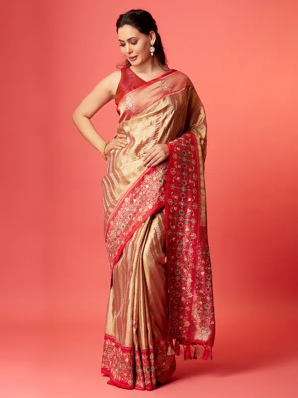 Fawn beige silk zari weaving saree