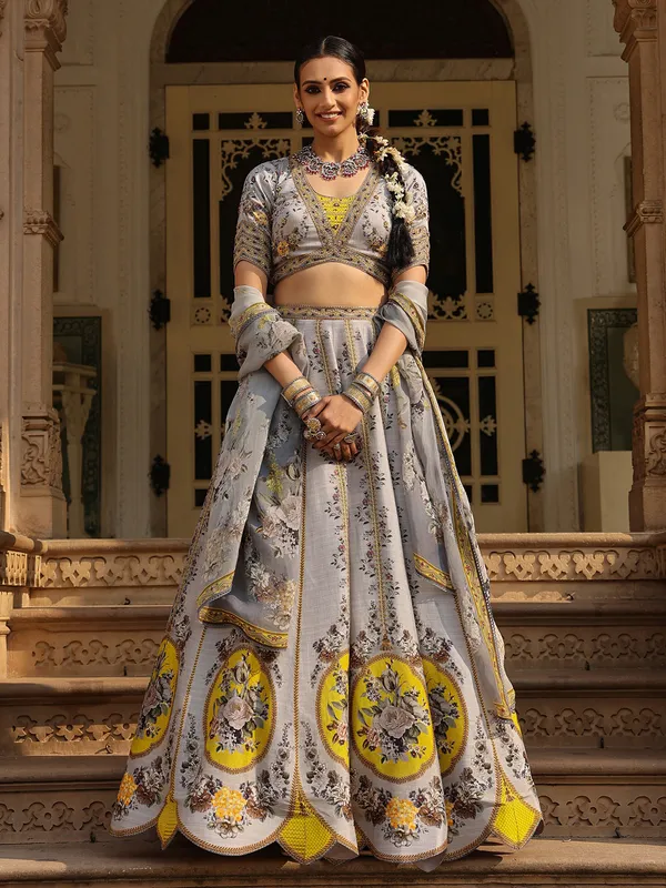 Grey silk floral printed lehenga choli