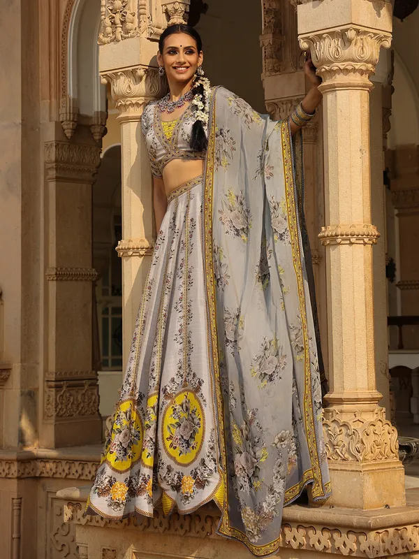 Grey silk floral printed lehenga choli