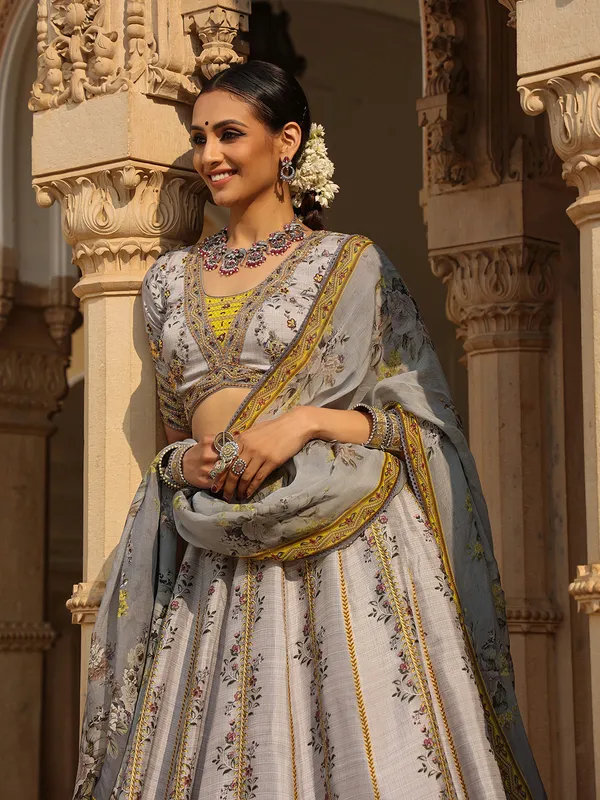 Grey silk floral printed lehenga choli