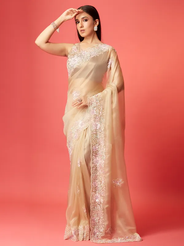 Light peach soft organza saree