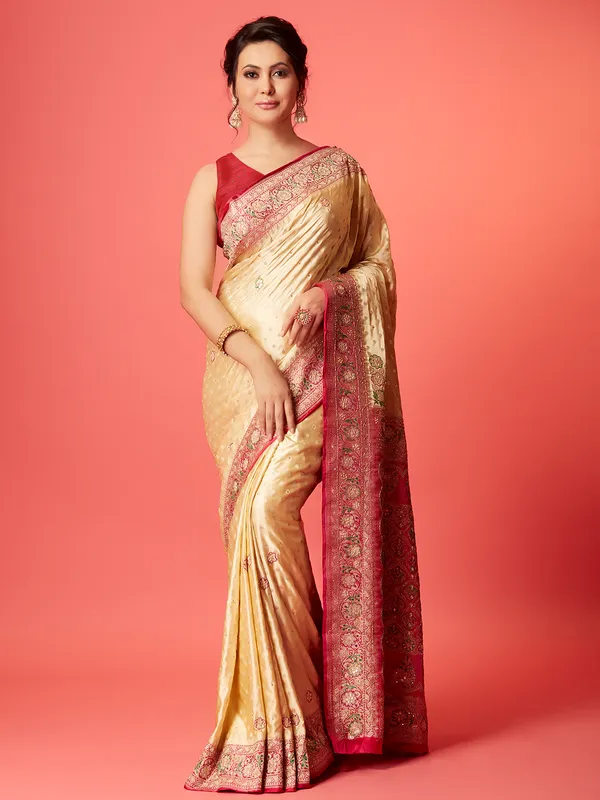 Newest beige silk saree with contrast border