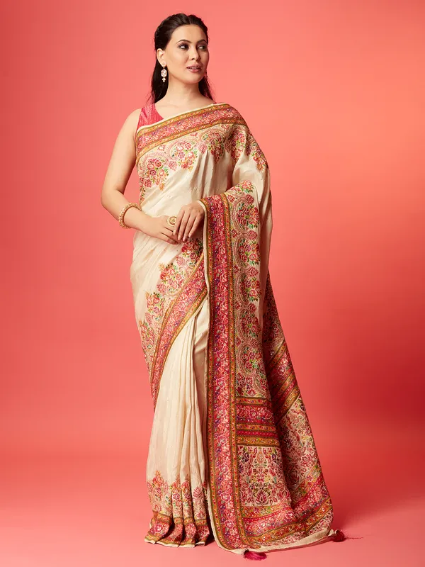 Newest off-white pashmina silk saree