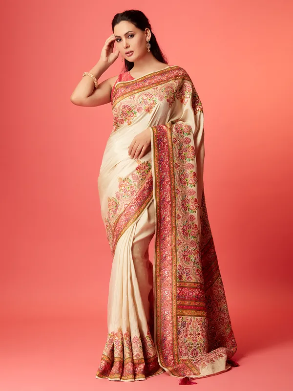 Newest off-white pashmina silk saree