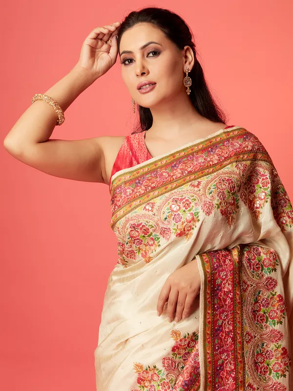 Newest off-white pashmina silk saree