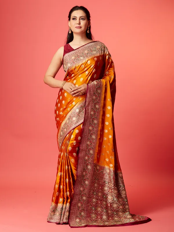 Orange silk zari saree