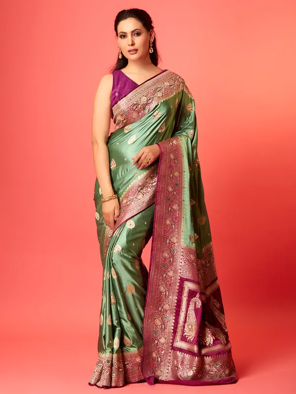 Pista green silk saree with contrast border