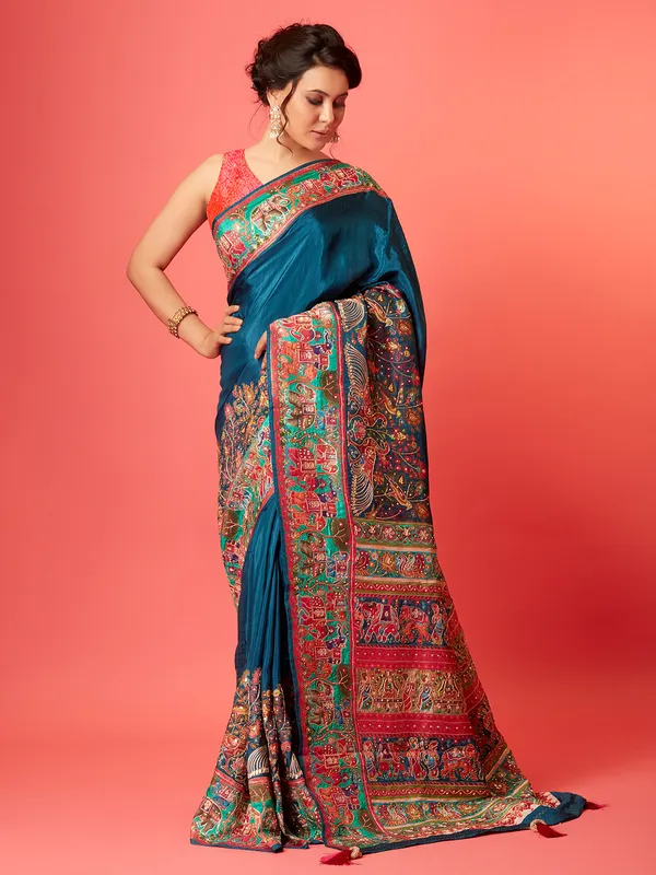 Rama blue pashmina silk saree