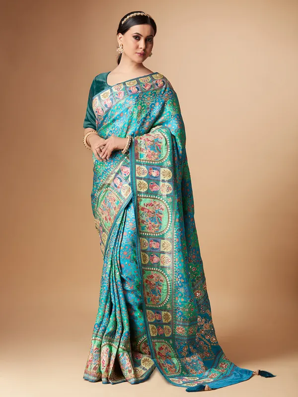 Rama blue printed silk saree