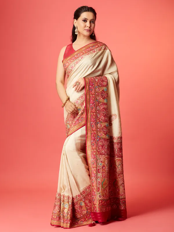 Stunning cream pashmina silk saree