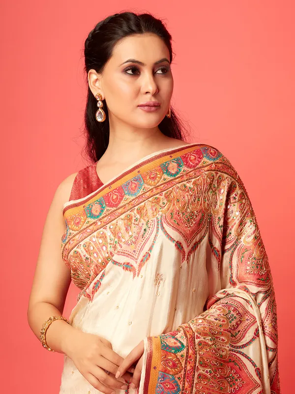 Stunning off-white pashmina silk saree