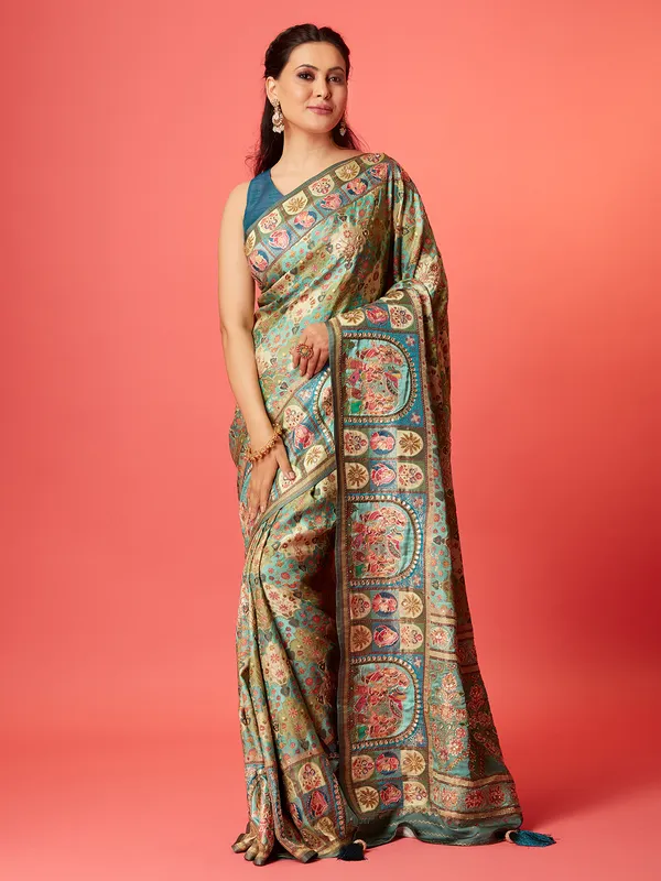 Stylish mint green silk printed saree