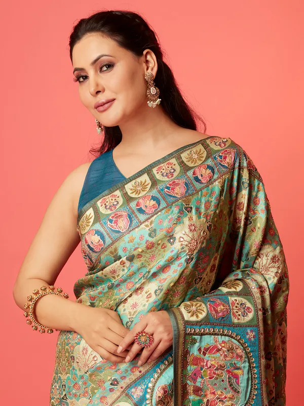 Stylish mint green silk printed saree