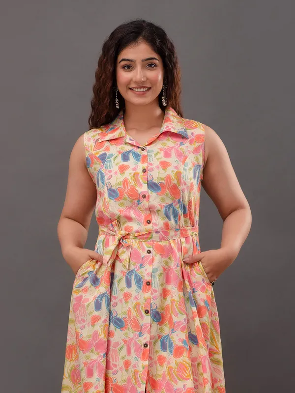 Trendy cream cotton printed kurti