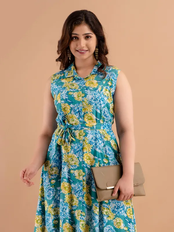 Trendy green floral printed cotton kurti