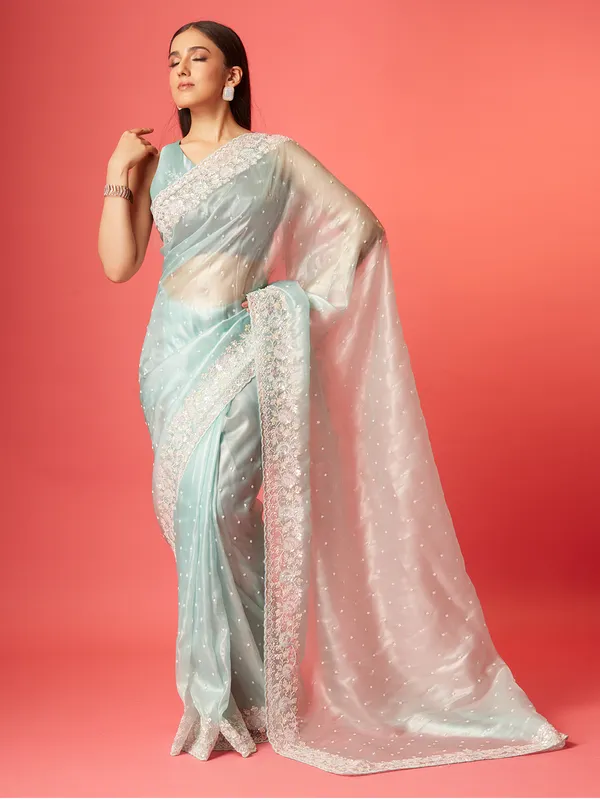 Trendy sky blue soft organza saree