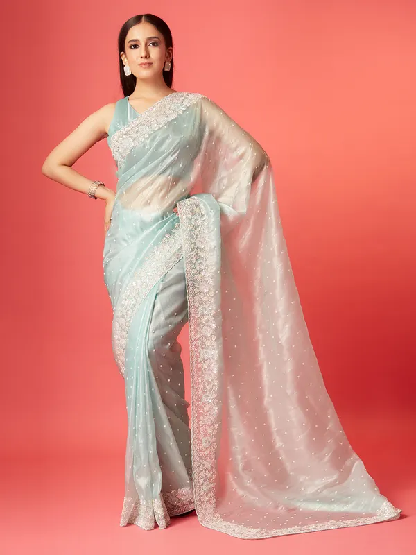 Trendy sky blue soft organza saree