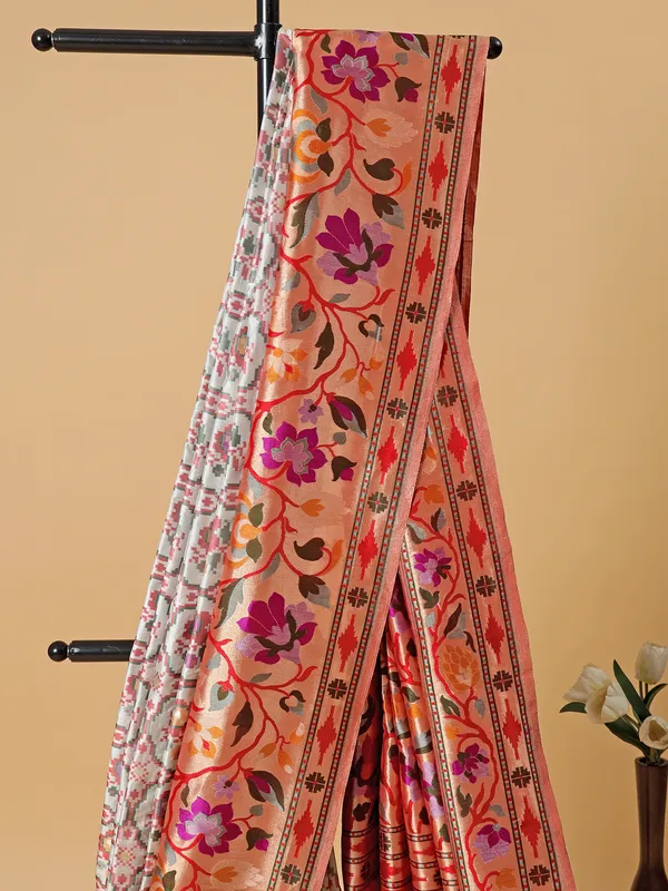 White banarasi silk patola print saree