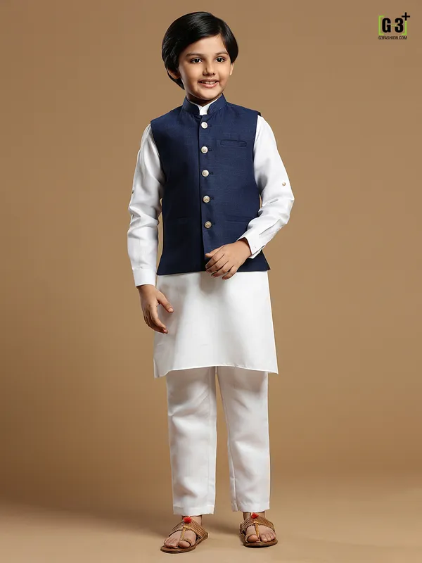 Solid cotton silk father and son waistcoat set in navy