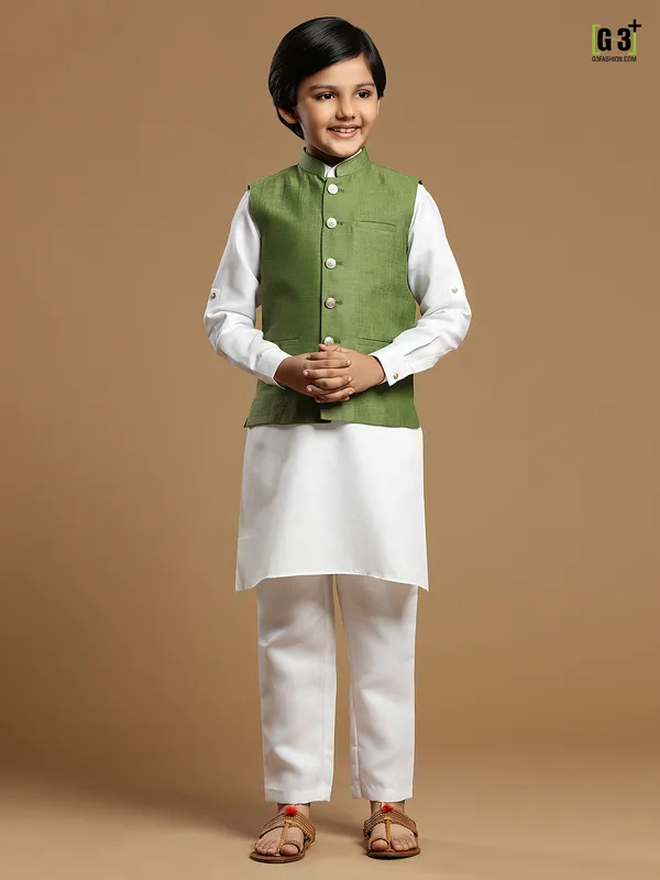 Cotton silk solid father and son waistcoat set in moss green
