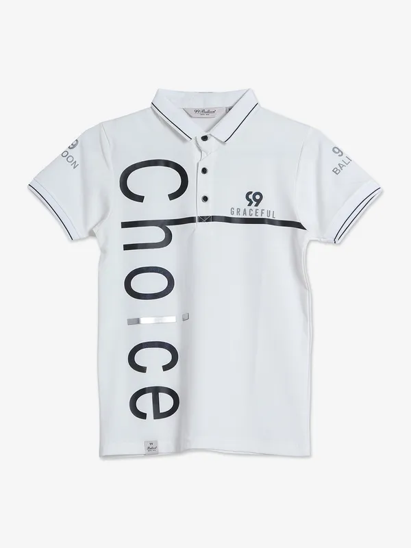 99 Balloon white cotton printed polo t shirt