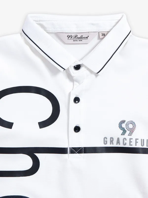 99 Balloon white cotton printed polo t shirt