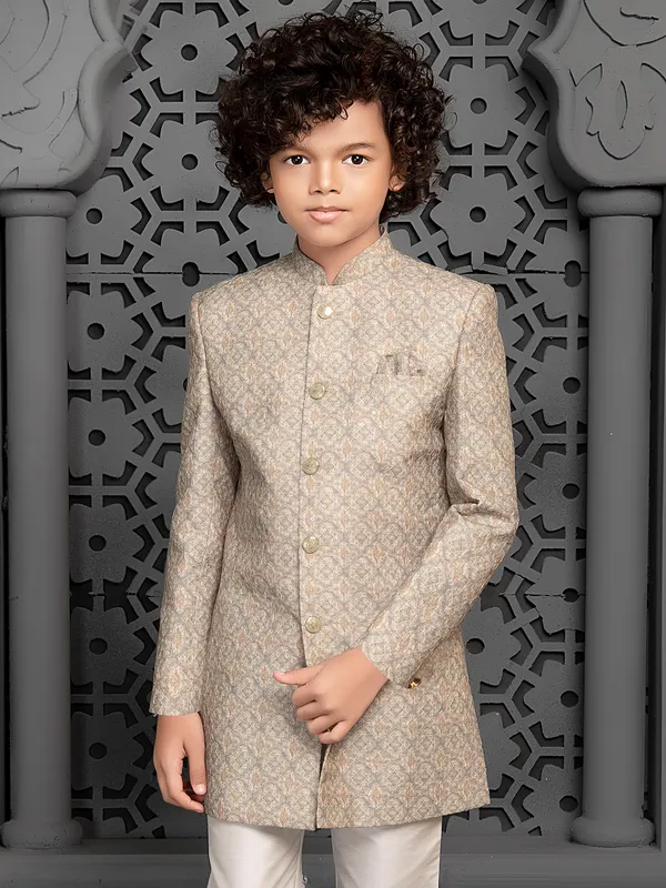 Almond beige aesthetic silk indo western for boys