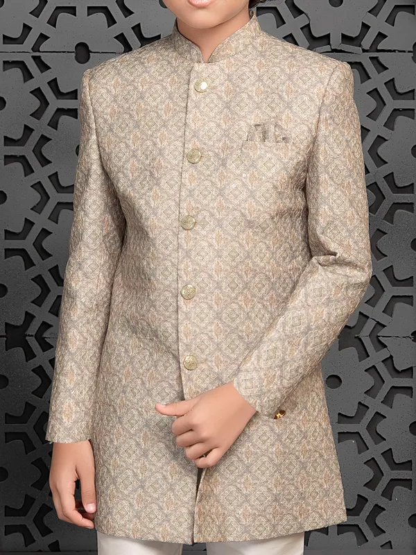 Almond beige aesthetic silk indo western for boys