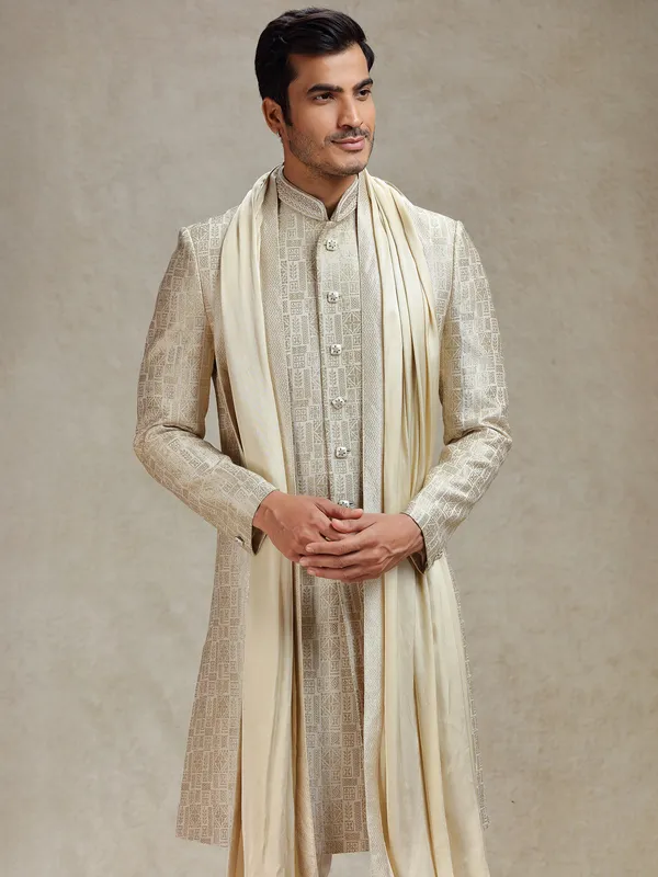 Beige textured silk sherwani for men