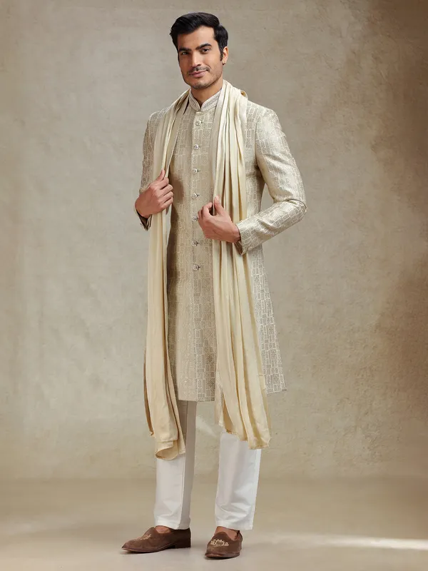 Beige textured silk sherwani for men
