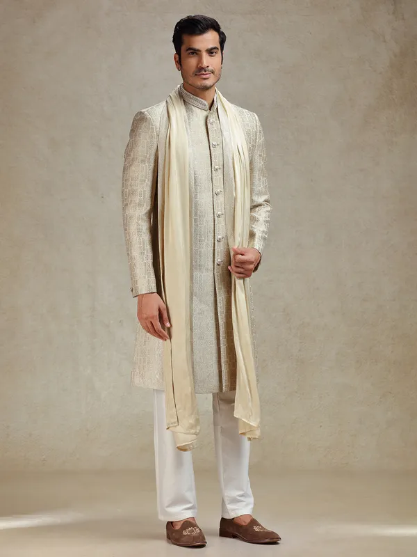 Beige textured silk sherwani for men