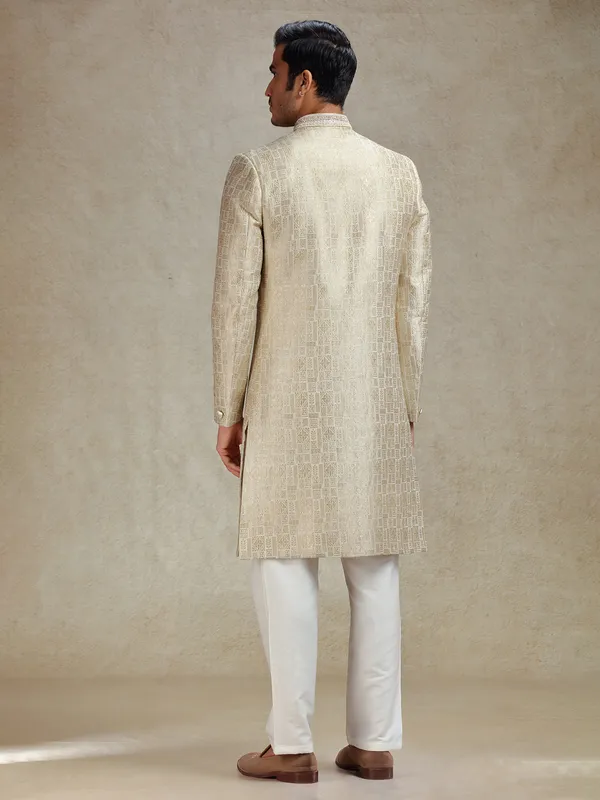 Beige textured silk sherwani for men