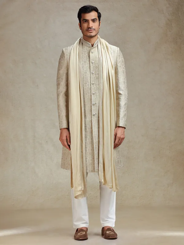 Beige textured silk sherwani for men