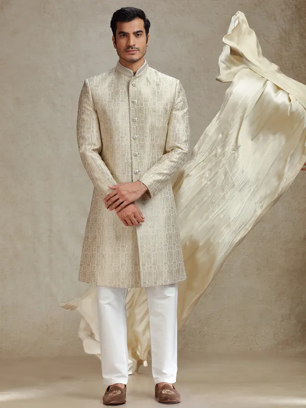 Beige textured silk sherwani for men