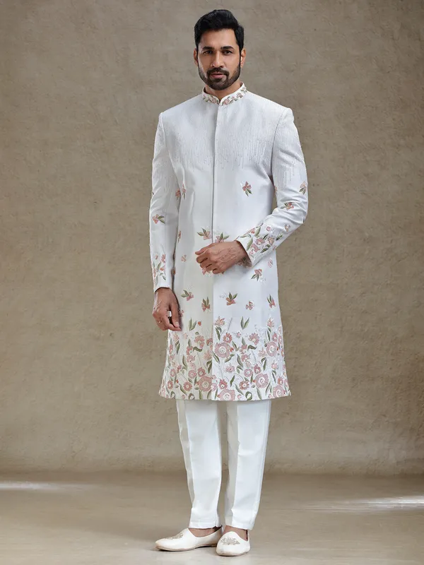 Off white flower embroidered silk long sherwani