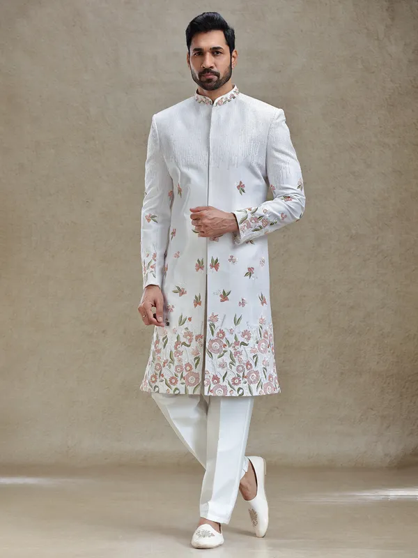 Off white flower embroidered silk long sherwani