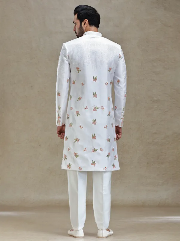 Off white flower embroidered silk long sherwani