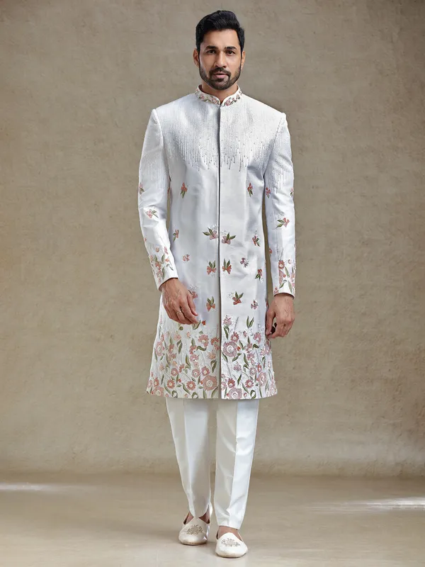 Off white flower embroidered silk long sherwani