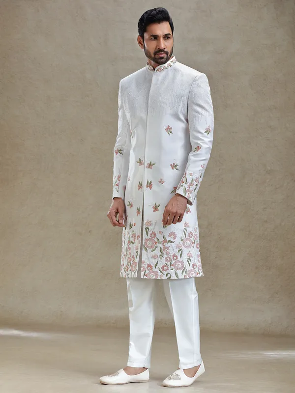 Off white flower embroidered silk long sherwani