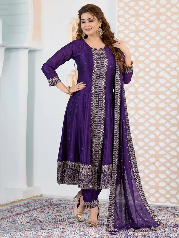 Purple wedding style salwar suit in silk