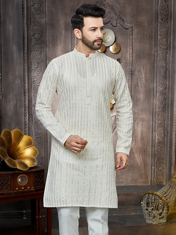 Aestheric classy cream georgette kurta suit for men