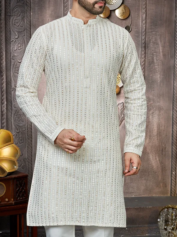 Aestheric classy cream georgette kurta suit for men