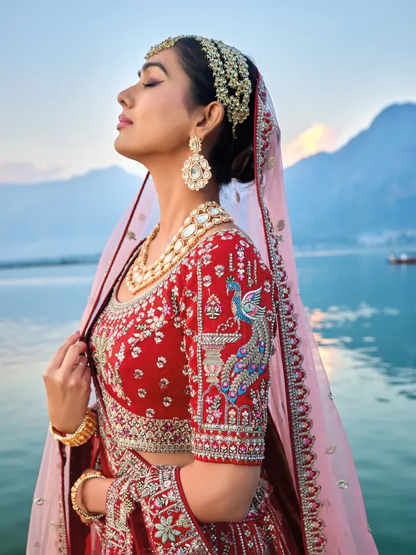 Aesthetic red unstitched premium silk lehenga choli