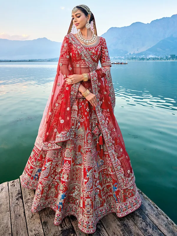 Aesthetic red unstitched premium silk lehenga choli