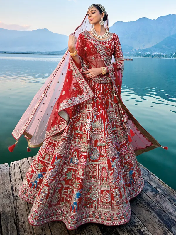 Aesthetic red unstitched premium silk lehenga choli