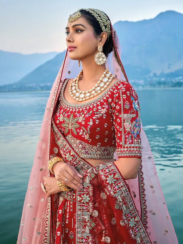 Aesthetic red unstitched premium silk lehenga choli