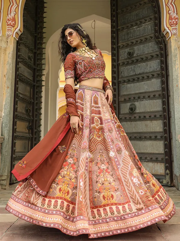 Aesthetic silk brown printed lehenga choli