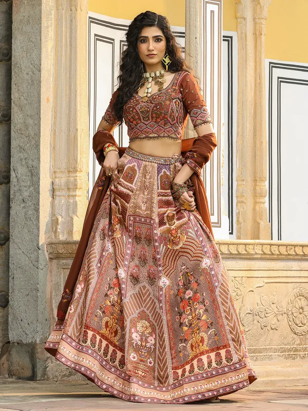 Aesthetic silk brown printed lehenga choli